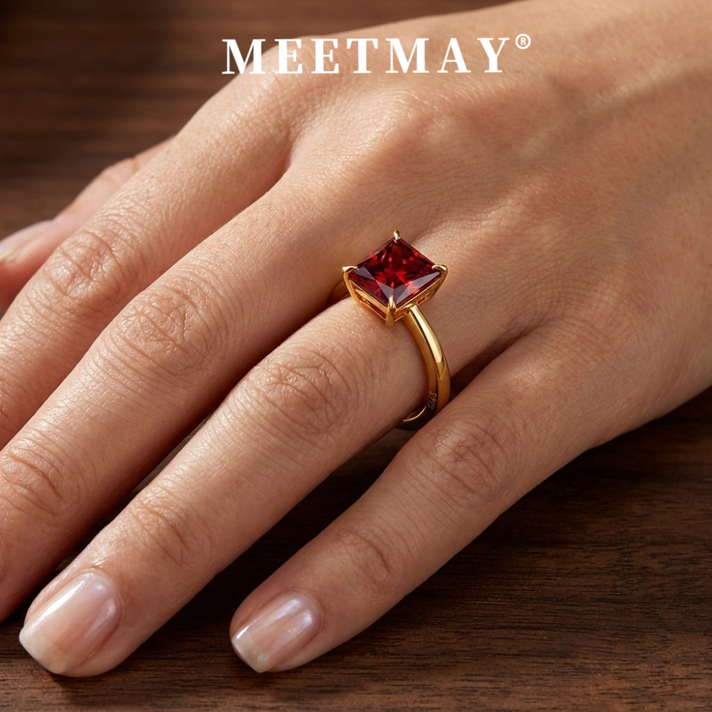 MEETMAY | Colorful Radiant-Cut Moissanite Adjustable Ring – S925 Sterling Silver 18K Gold Plated, GRA Certified
