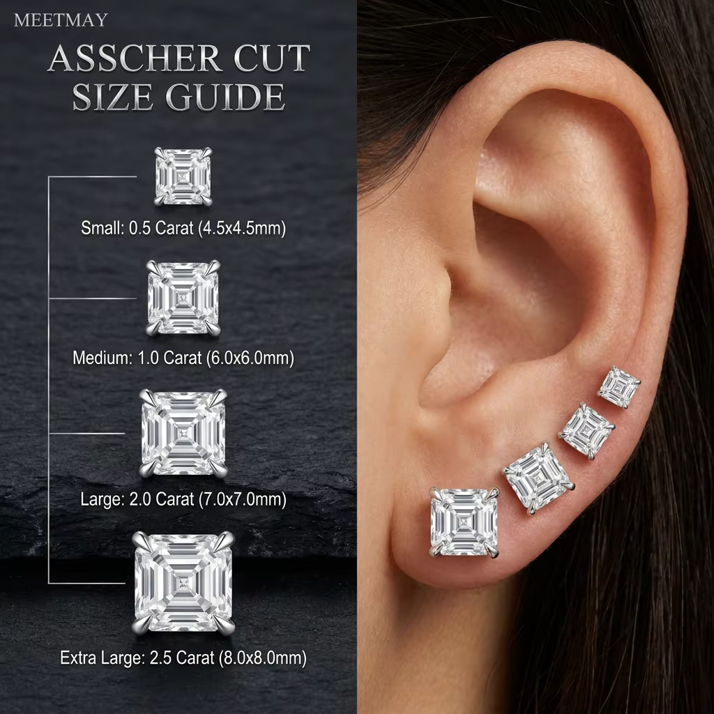 MEETMAY | Asscher-Cut D-Color Moissanite Stud Earrings – S925 Sterling Silver 18K Gold Plated, GRA Certified