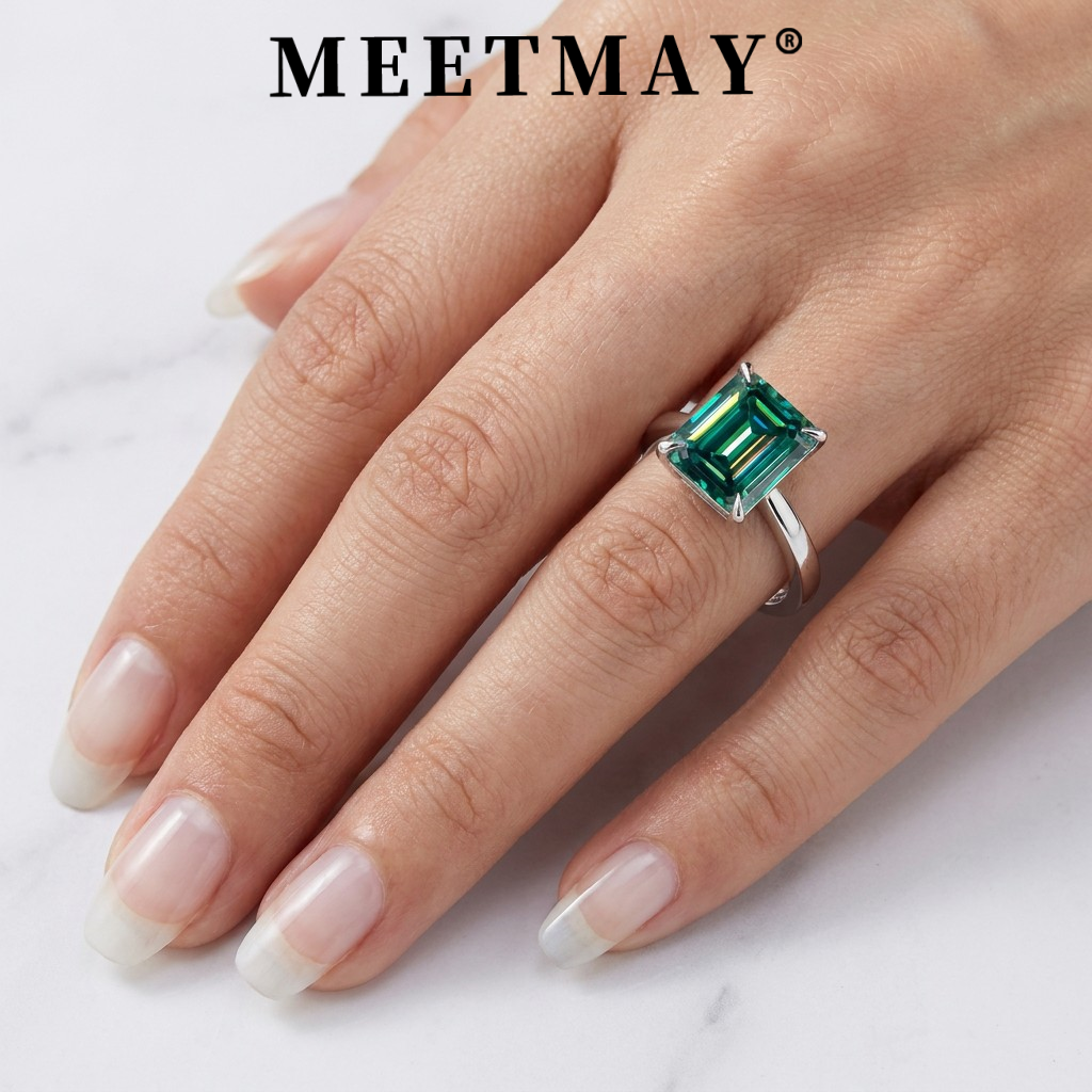 MEETMAY | Colorful Emerald-Cut Moissanite Adjustable Ring – S925 Sterling Silver 18K Gold Plated, GRA Certified