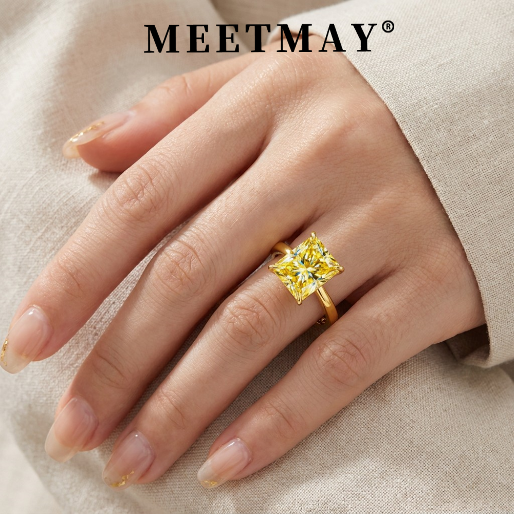MEETMAY | Colorful Radiant-Cut Moissanite Adjustable Ring – S925 Sterling Silver 18K Gold Plated, GRA Certified