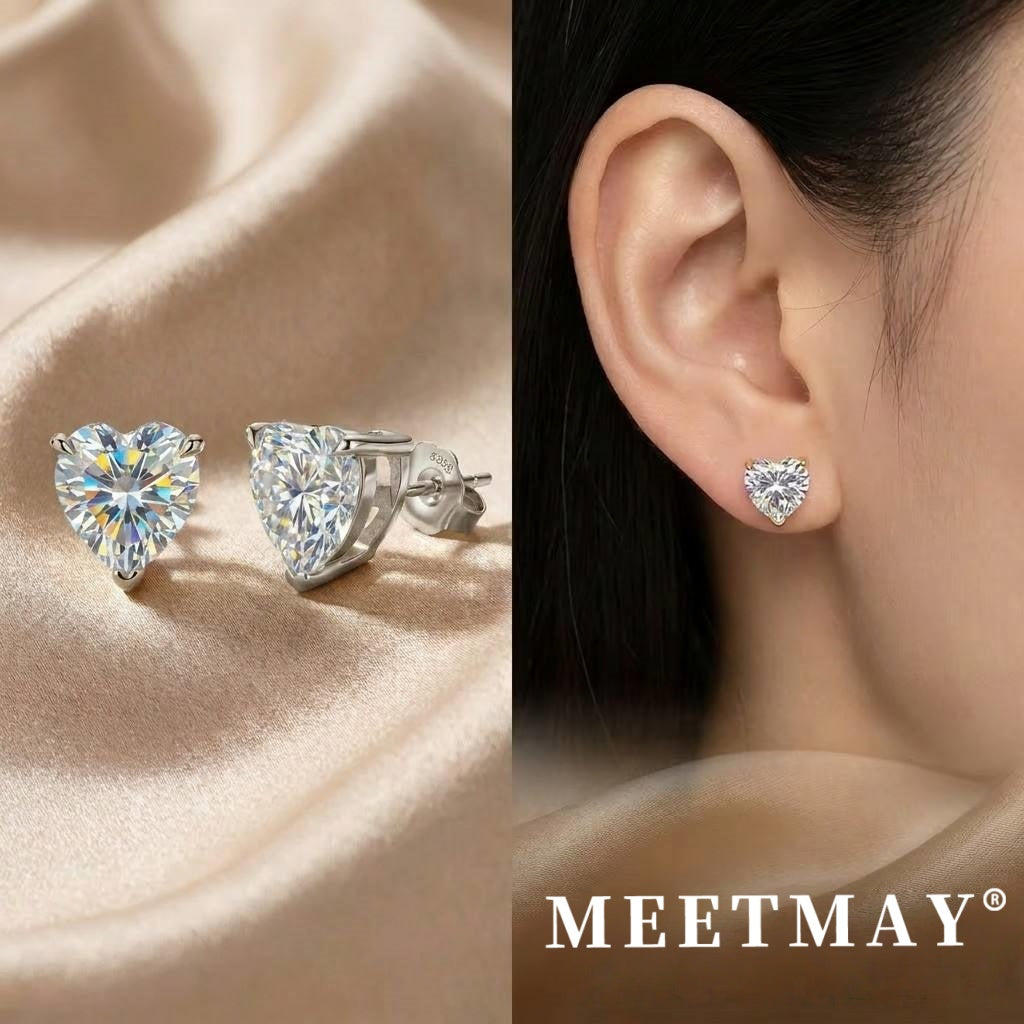 MEETMAY | Heart-Cut D-Color Moissanite Stud Earrings – S925 Sterling Silver 18K Gold Plated, GRA Certified