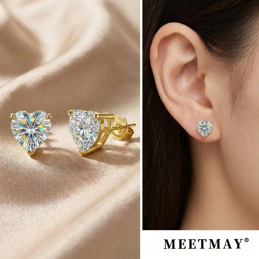 MEETMAY | Heart-Cut D-Color Moissanite Stud Earrings – S925 Sterling Silver 18K Gold Plated, GRA Certified