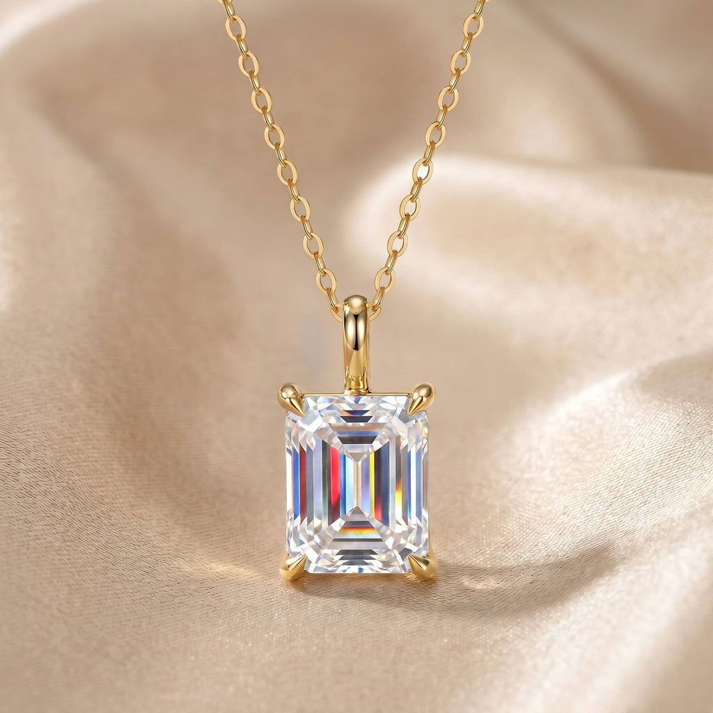 MEETMAY | Emerald-Cut Moissanite Pendant Necklace – S925 Sterling Silver 18K Gold Plated, D-Color