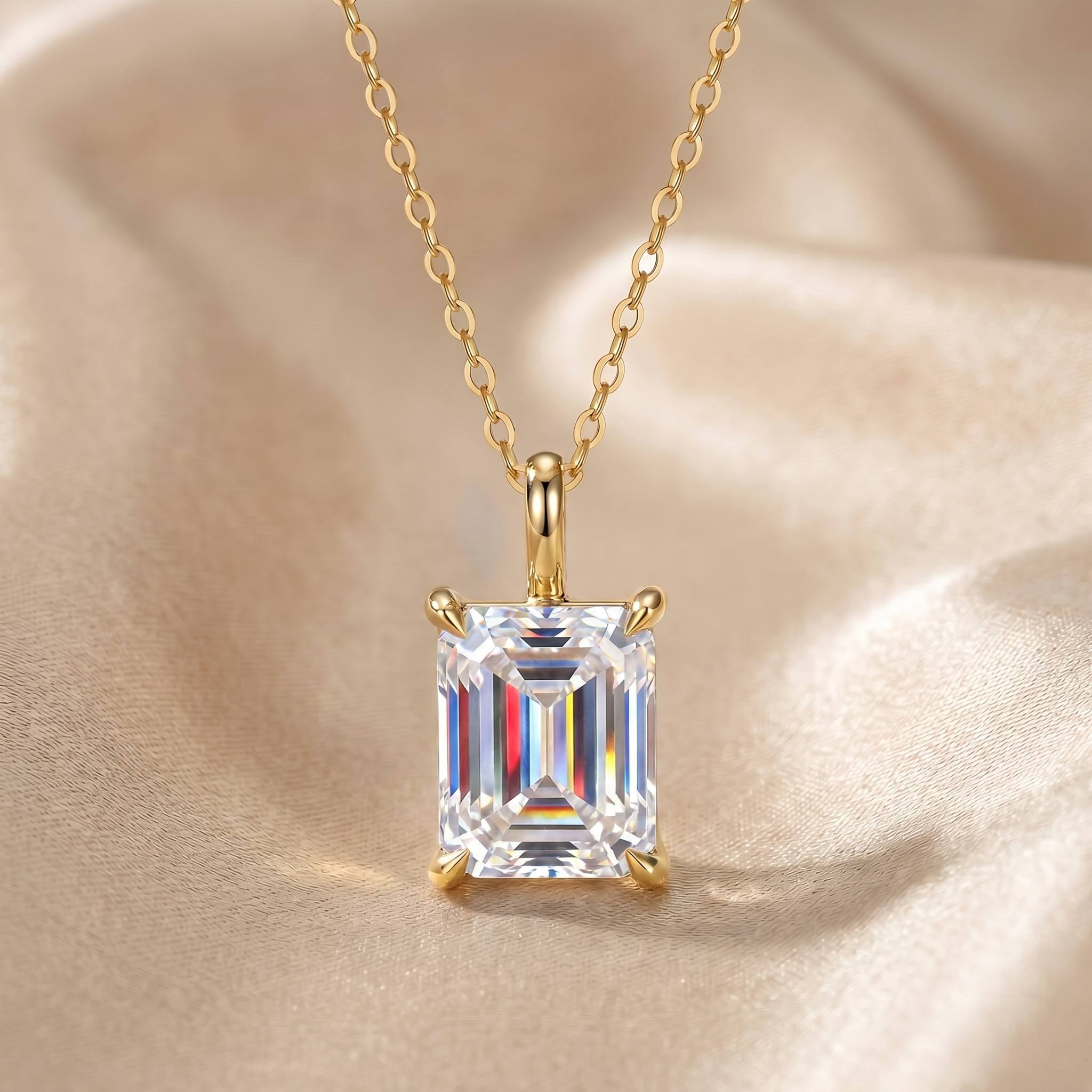 MEETMAY | Emerald-Cut Moissanite Pendant Necklace – S925 Sterling Silver 18K Gold Plated, D-Color