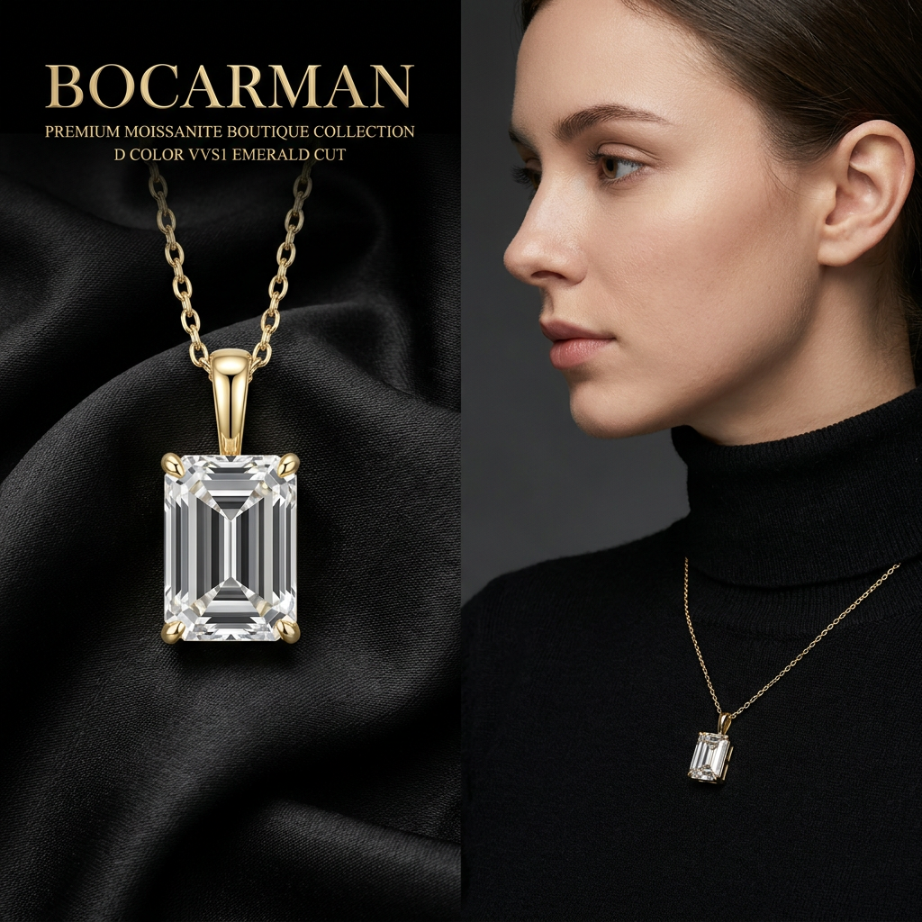 MEETMAY | Emerald-Cut Moissanite Pendant Necklace – S925 Sterling Silver 18K Gold Plated, D-Color