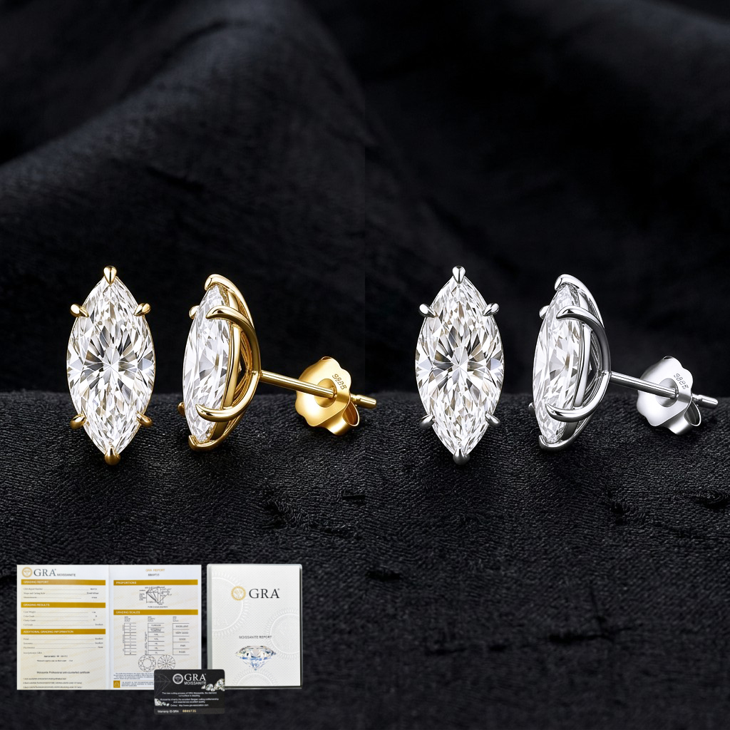 MEETMAY | Marquise-Cut Moissanite Stud Earrings – S925 Sterling Silver 18K Gold Plated, GRA Certified