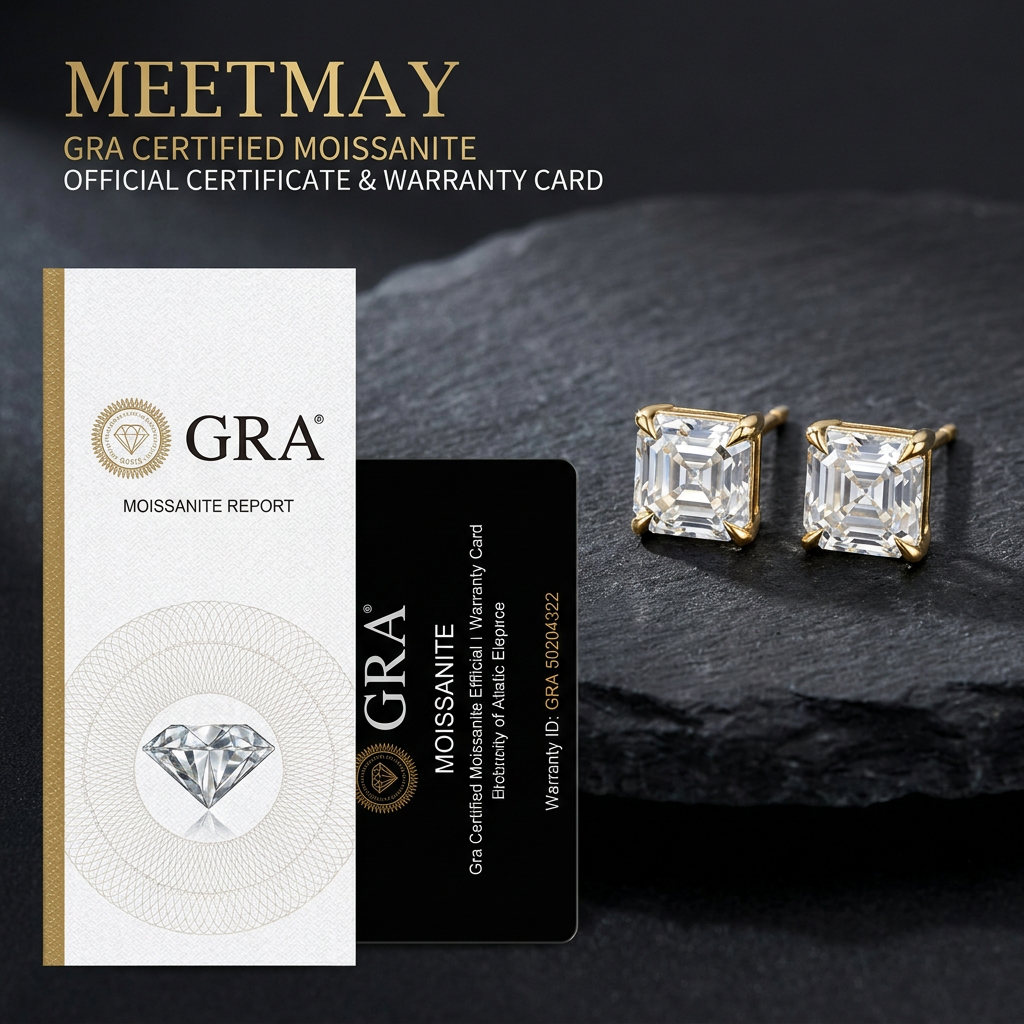 MEETMAY | Asscher-Cut D-Color Moissanite Stud Earrings – S925 Sterling Silver 18K Gold Plated, GRA Certified