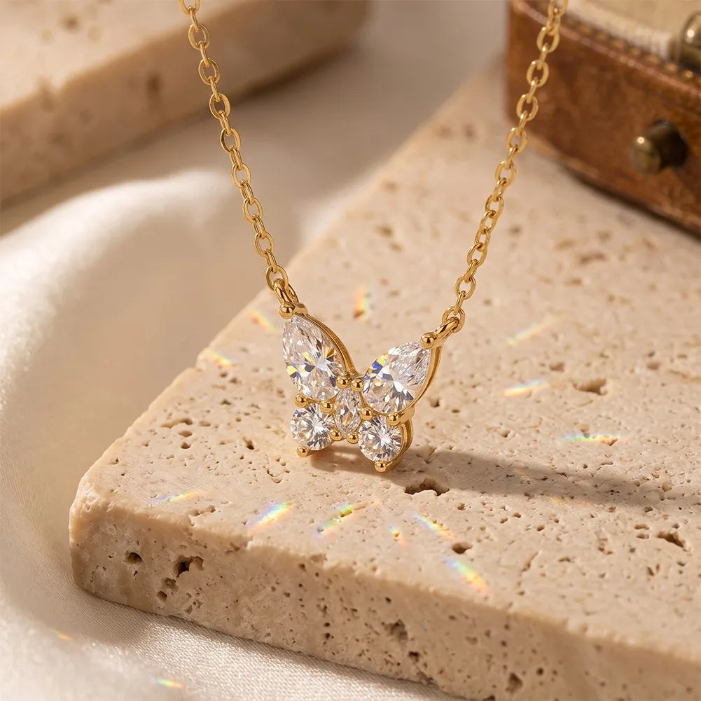 MEETMAY | Butterfly-Cut Moissanite Pendant Necklace – S925 Sterling Silver 14K Gold Plated, D-Color