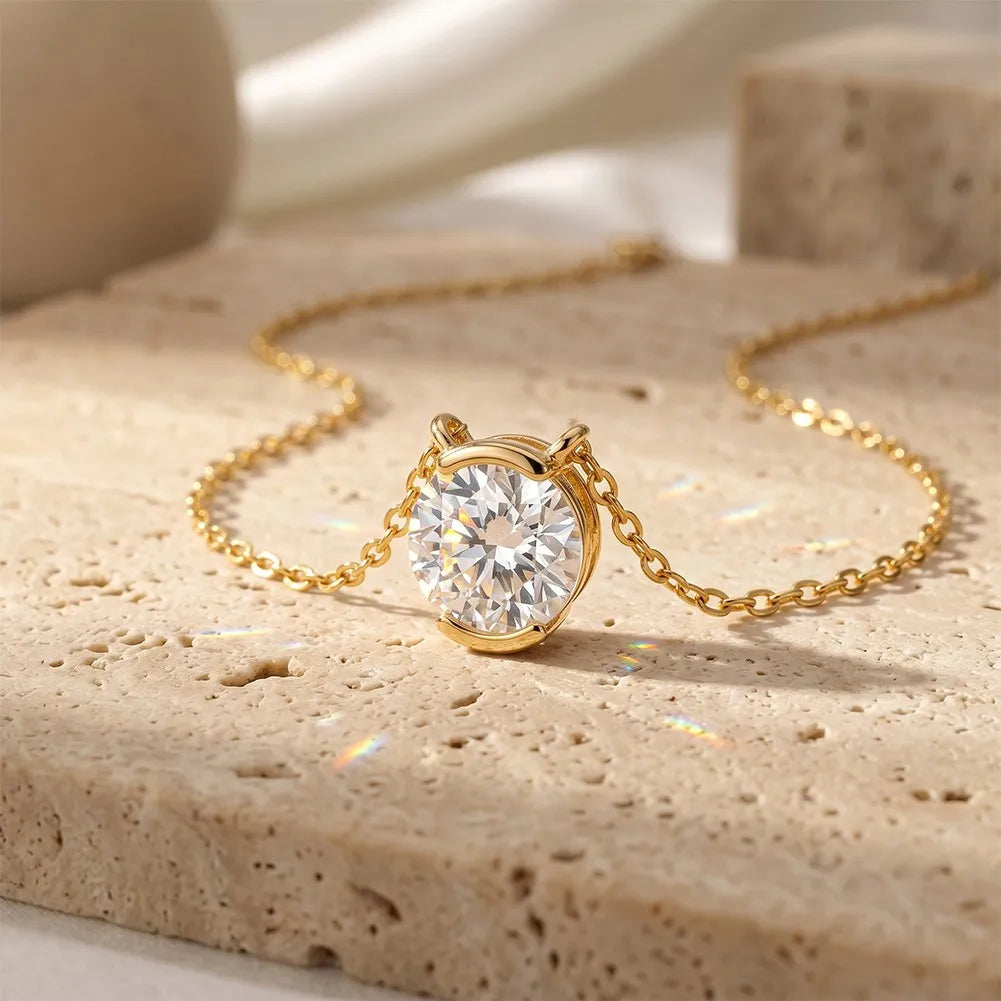 MEETMAY | Round-Cut Moissanite Solitaire Pendant Necklace – S925 Sterling Silver 14K Gold Plated, D-Color