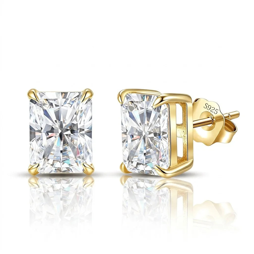 MEETMAY | Radiant-Cut Moissanite Stud Earrings – S925 Sterling Silver 18K Gold Plated, GRA Certified