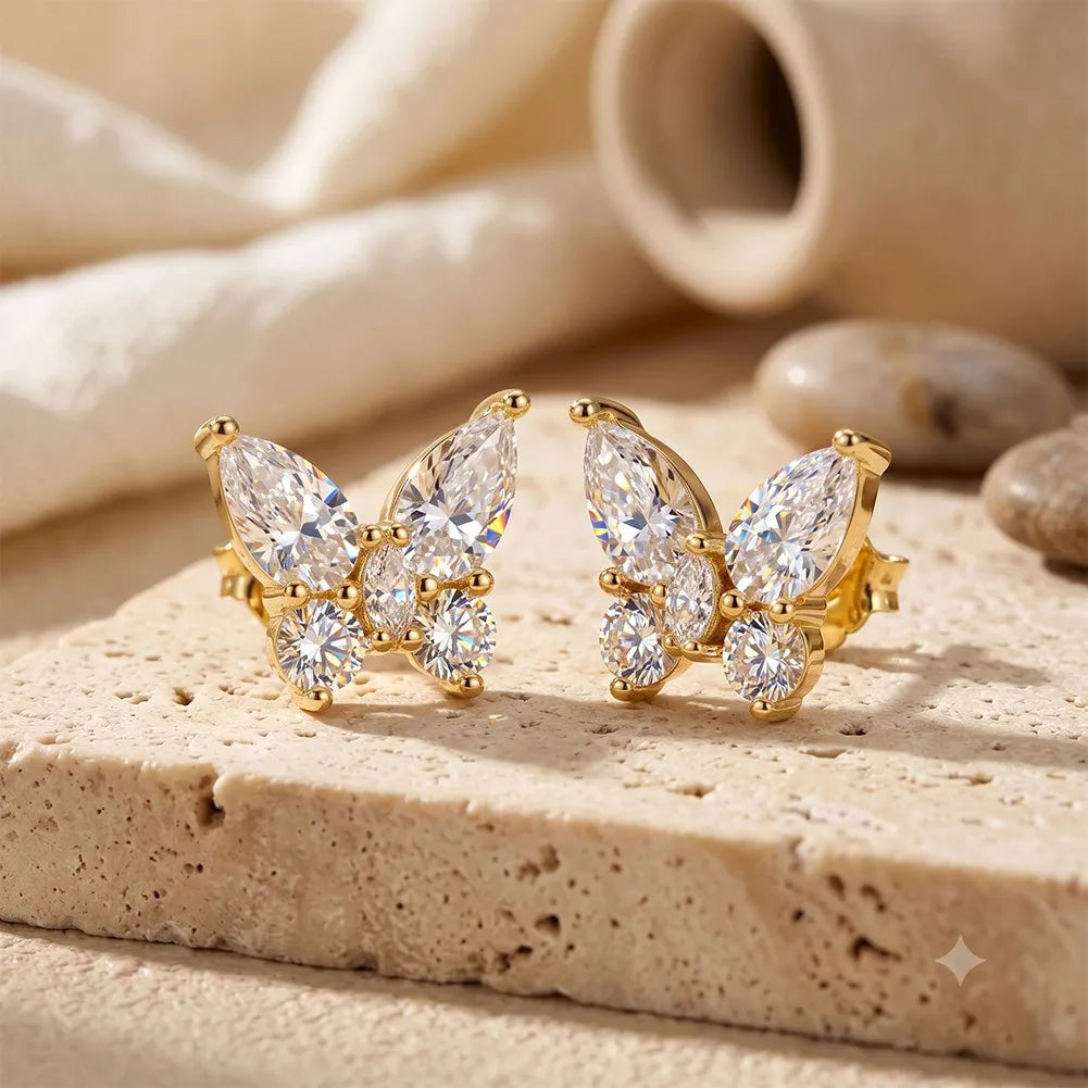 MEETMAY | Butterfly-Cut Moissanite Stud Earrings – S925 Sterling Silver 14K Gold Plated, D-Color