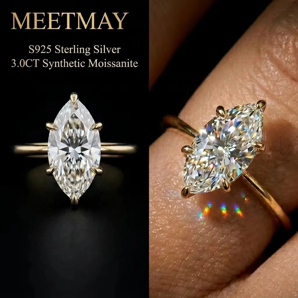 MEETMAY | Marquise-Cut Moissanite Adjustable Ring – S925 Sterling Silver 18K Gold Plated, D-Color