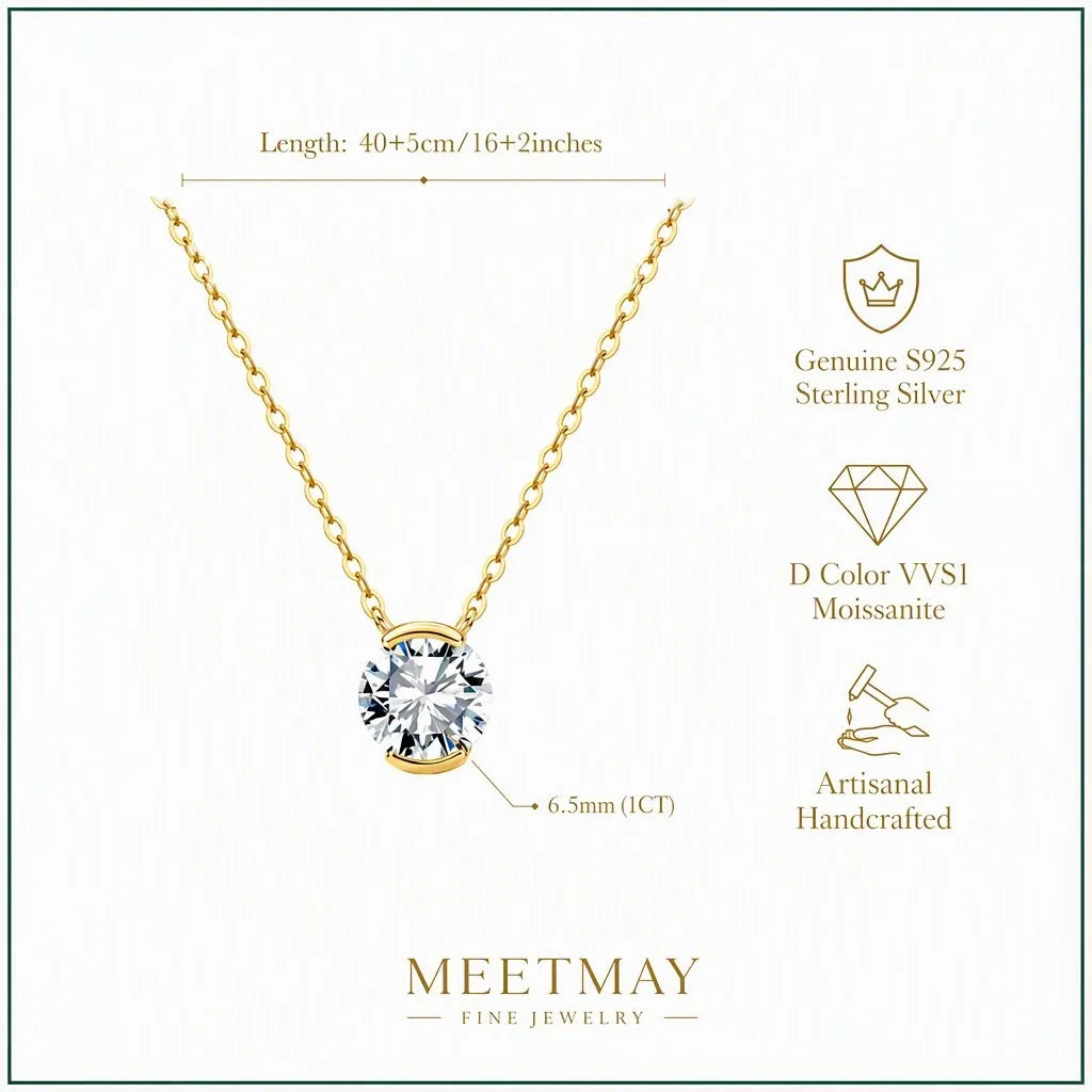 MEETMAY | Round-Cut Moissanite Solitaire Pendant Necklace – S925 Sterling Silver 14K Gold Plated, D-Color
