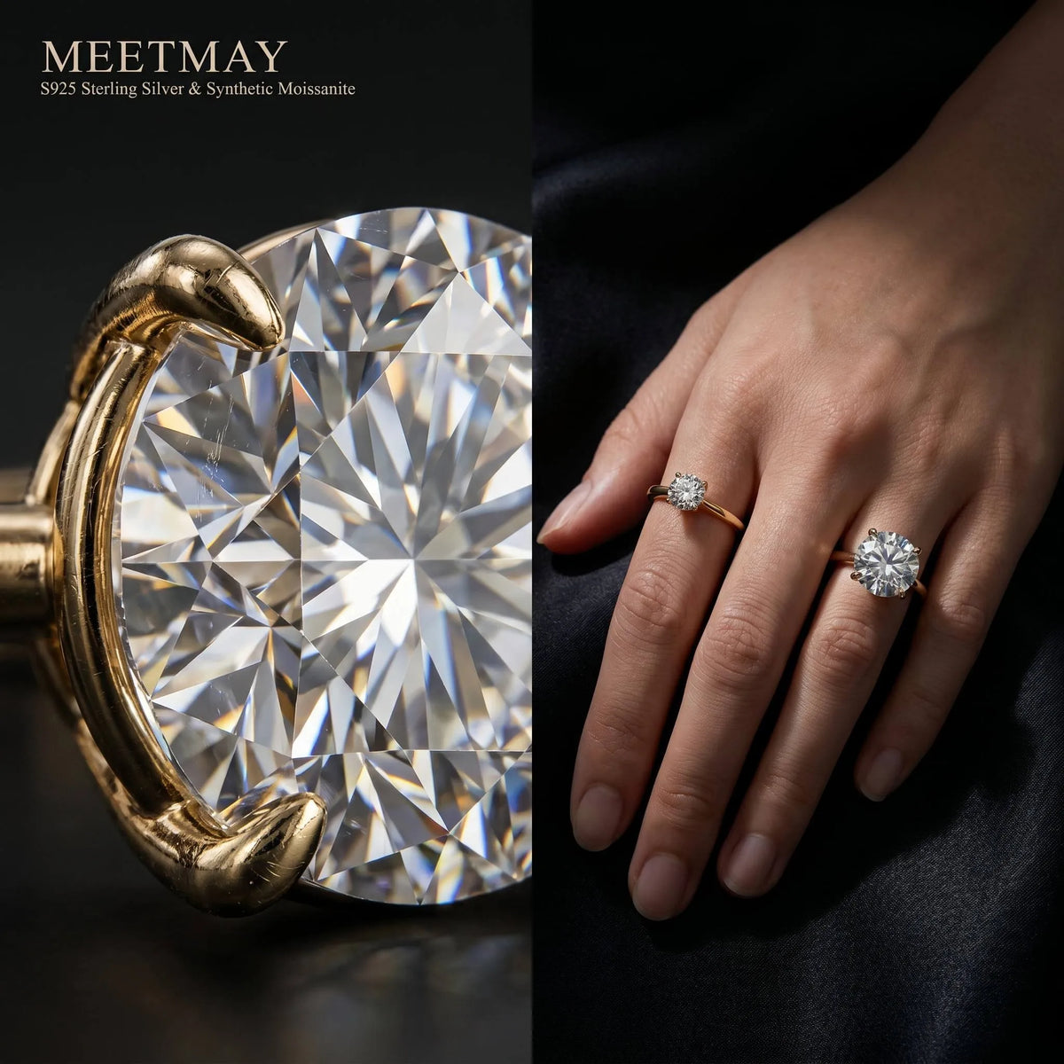 MEETMAY | Round-Cut Moissanite Adjustable Ring – S925 Sterling Silver 18K Gold Plated, D-Color