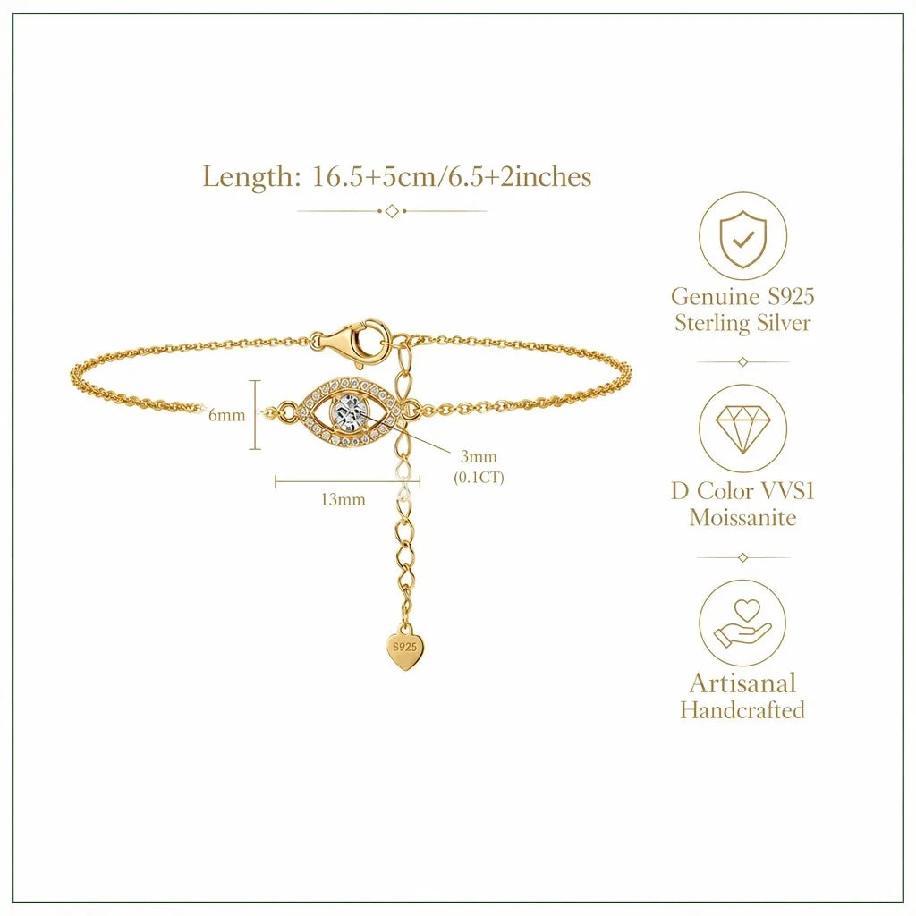 MEETMAY | Evil Eye Moissanite Bracelet – S925 Sterling Silver 14K Gold Plated, D-Color