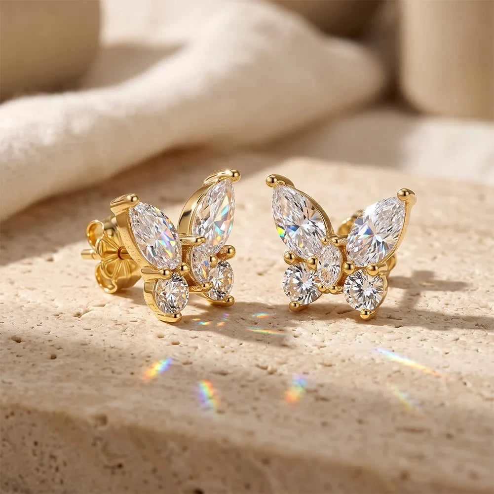 MEETMAY | Butterfly-Cut Moissanite Stud Earrings – S925 Sterling Silver 14K Gold Plated, D-Color