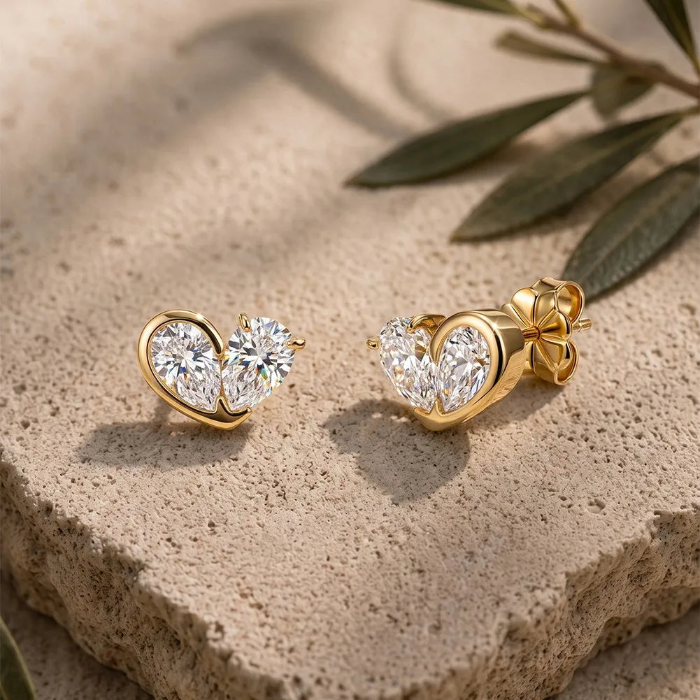 MEETMAY | Double Pear-Cut Moissanite Stud Earrings – S925 Sterling Silver 14K Gold Plated, D-Color