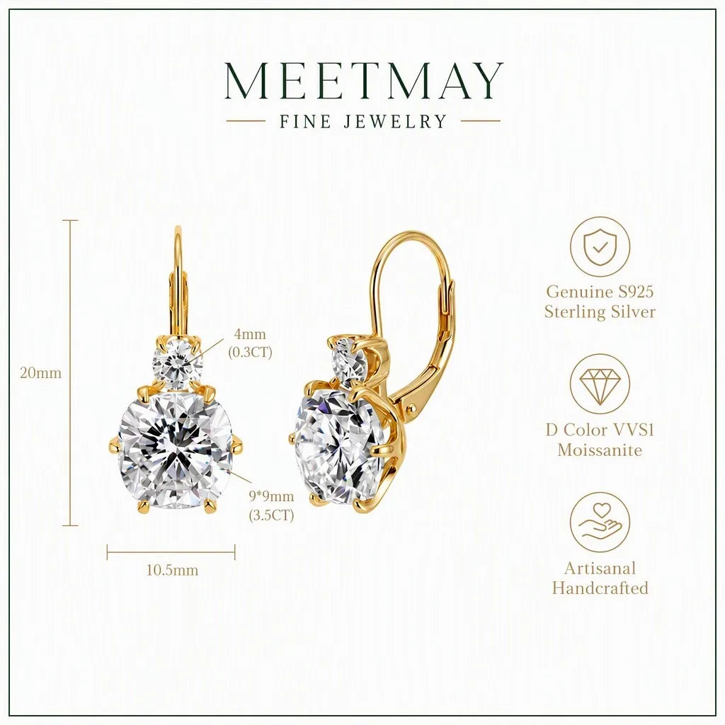 MEETMAY | Drop Hook Moissanite Earrings – S925 Sterling Silver 14K Gold Plated, D-Color