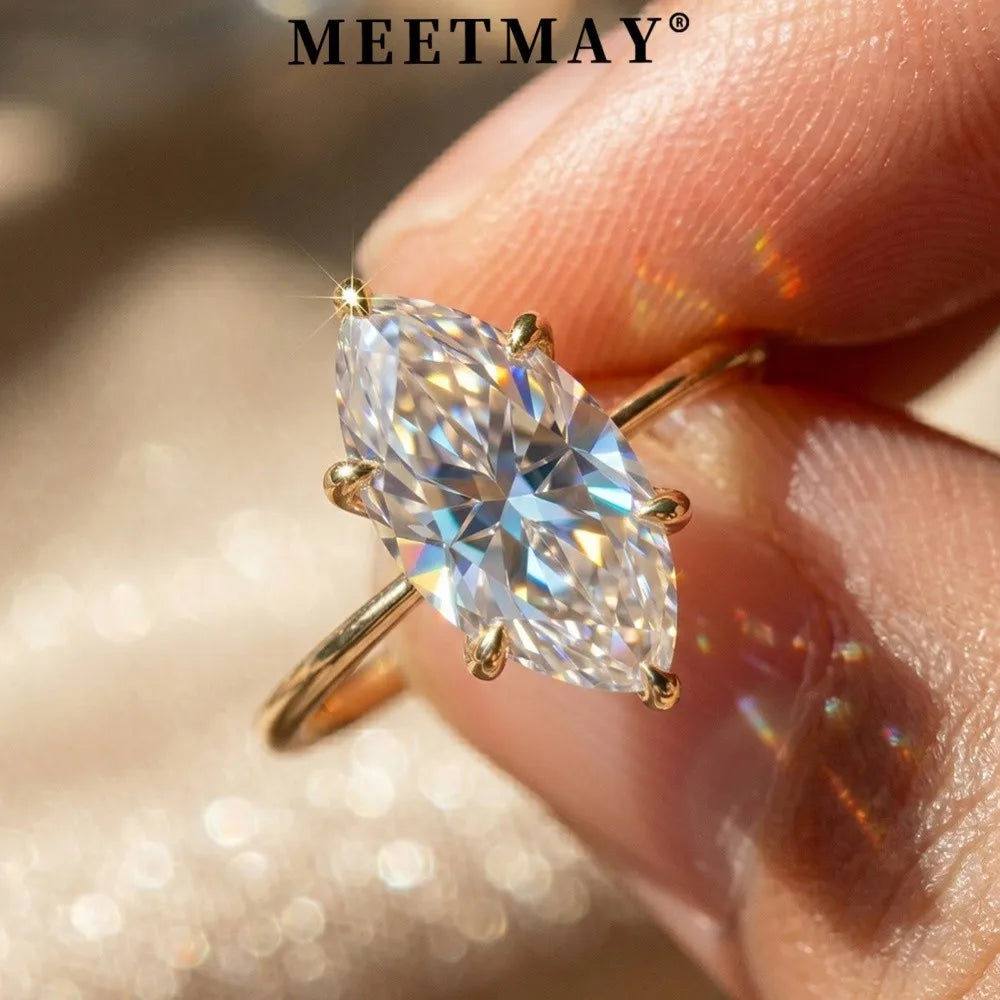 MEETMAY | Marquise-Cut Moissanite Adjustable Ring – S925 Sterling Silver 18K Gold Plated, D-Color