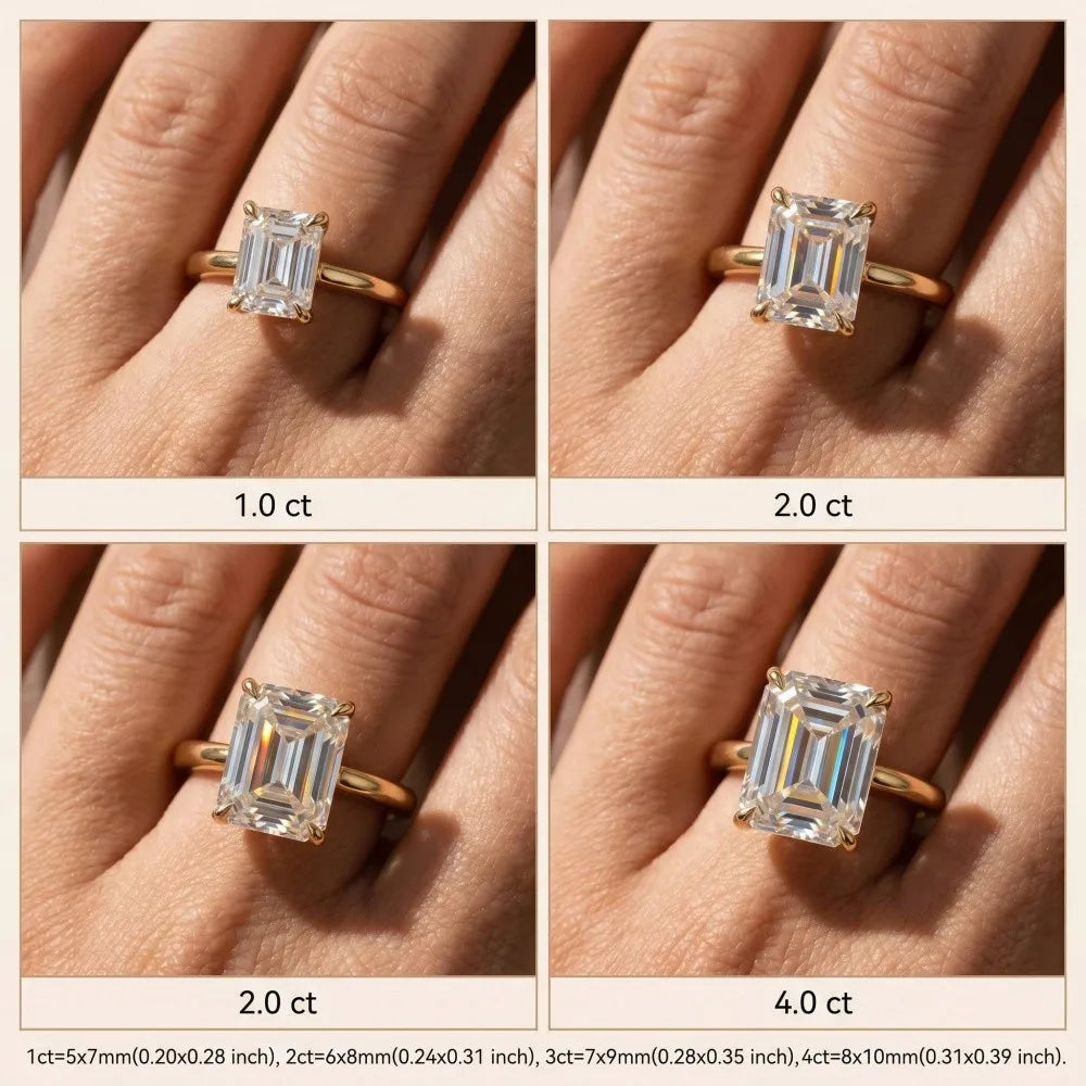 MEETMAY | Emerald-Cut Moissanite Adjustable Ring – S925 Sterling Silver 18K Gold Plated, D-Color