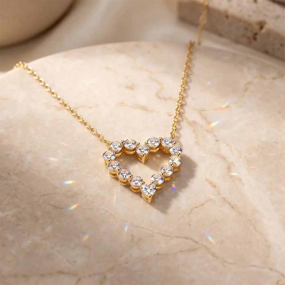 MEETMAY | Heart-Cut Moissanite Pendant Necklace – S925 Sterling Silver 14K Gold Plated, D-Color