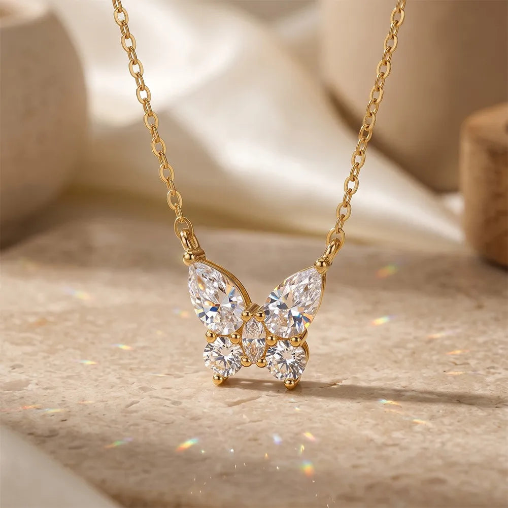 MEETMAY | Butterfly-Cut Moissanite Pendant Necklace – S925 Sterling Silver 14K Gold Plated, D-Color
