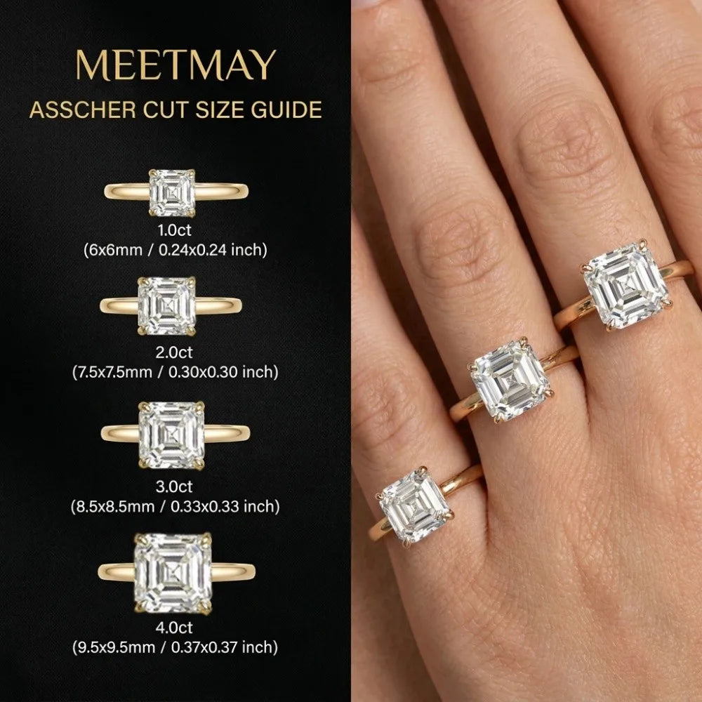 MEETMAY | Asscher-Cut Moissanite Adjustable Ring – S925 Sterling Silver 18K Gold Plated, D-Color