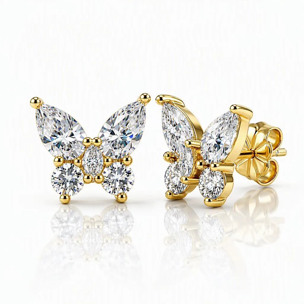 MEETMAY | Butterfly-Cut Moissanite Stud Earrings – S925 Sterling Silver 14K Gold Plated, D-Color