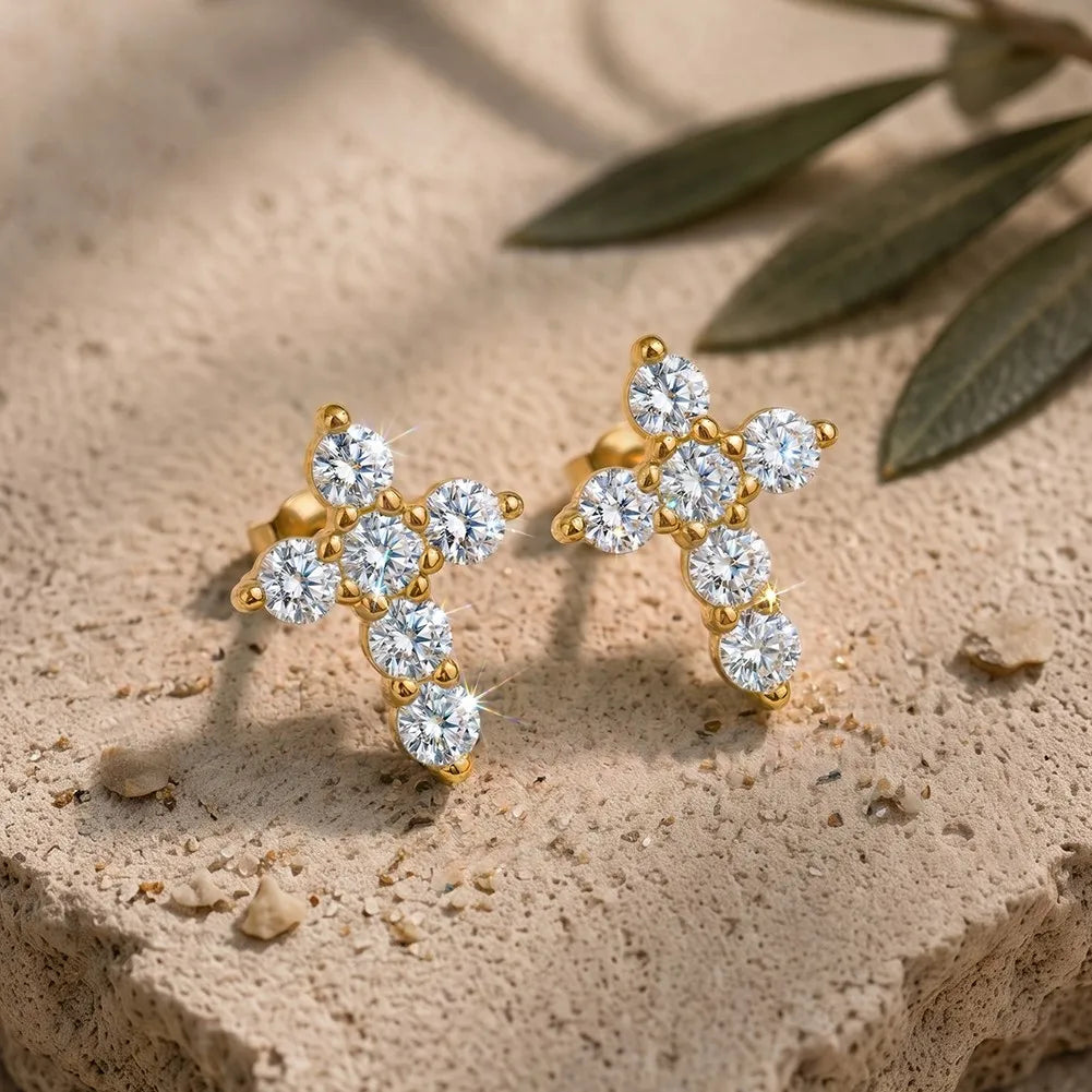 MEETMAY | Cross-Cut Moissanite Stud Earrings – S925 Sterling Silver 14K Gold Plated, D-Color