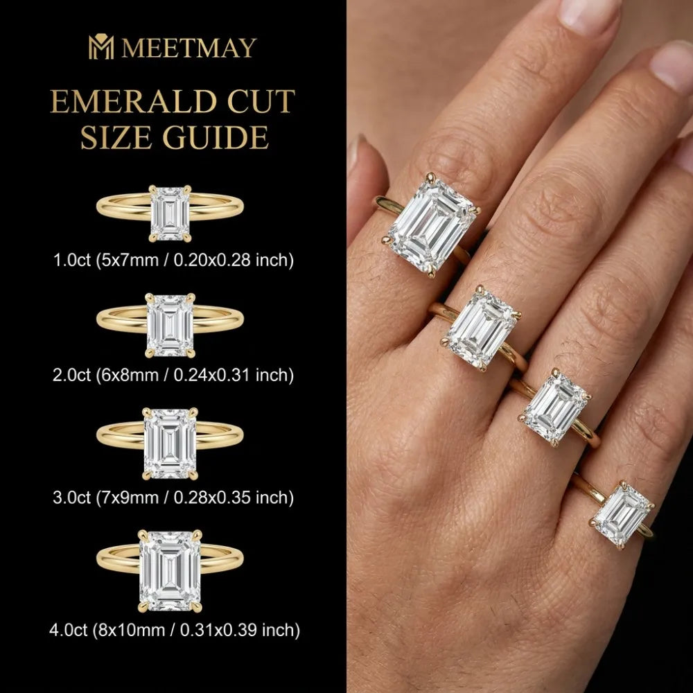 MEETMAY | Emerald-Cut Moissanite Adjustable Ring – S925 Sterling Silver 18K Gold Plated, D-Color