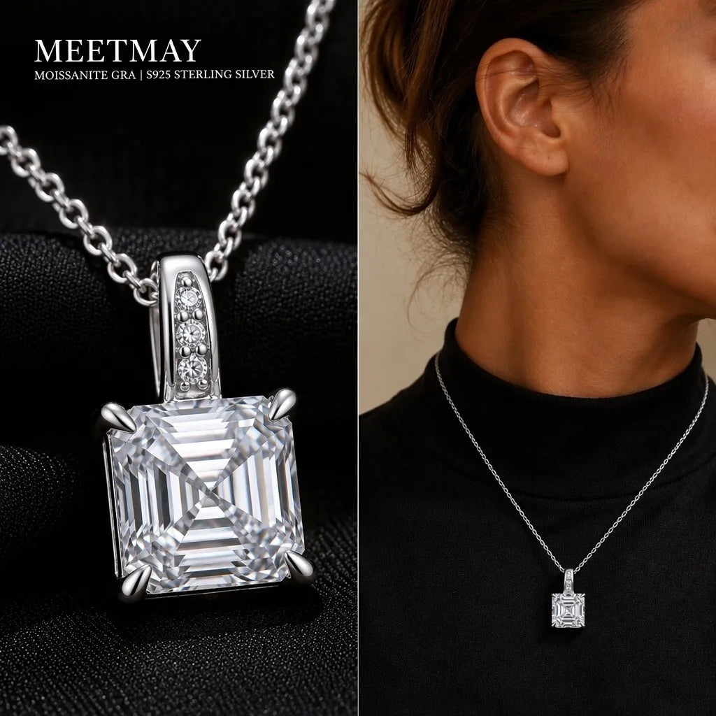 MEETMAY | Asscher-Cut Moissanite Pendant Necklace – S925 Sterling Silver 18K Gold Plated, D-Color