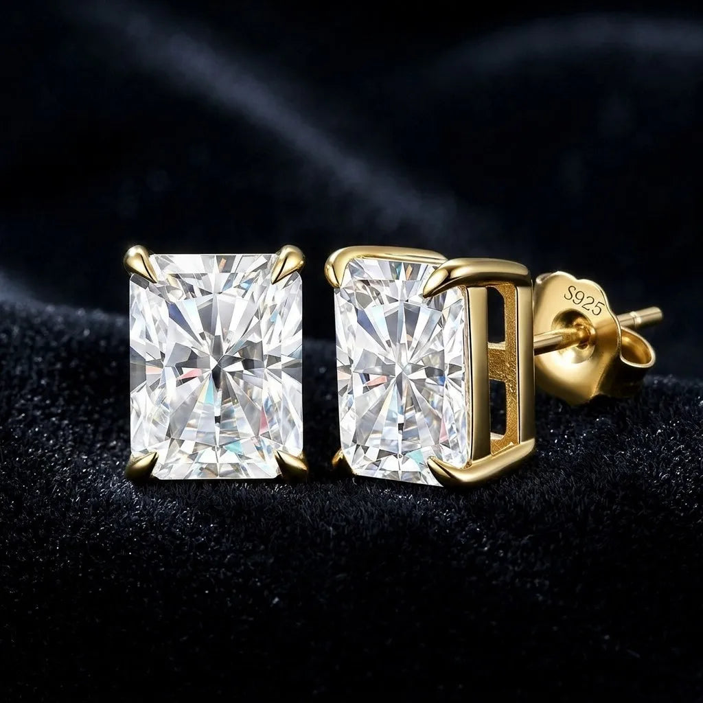 MEETMAY | Radiant-Cut Moissanite Stud Earrings – S925 Sterling Silver 18K Gold Plated, GRA Certified