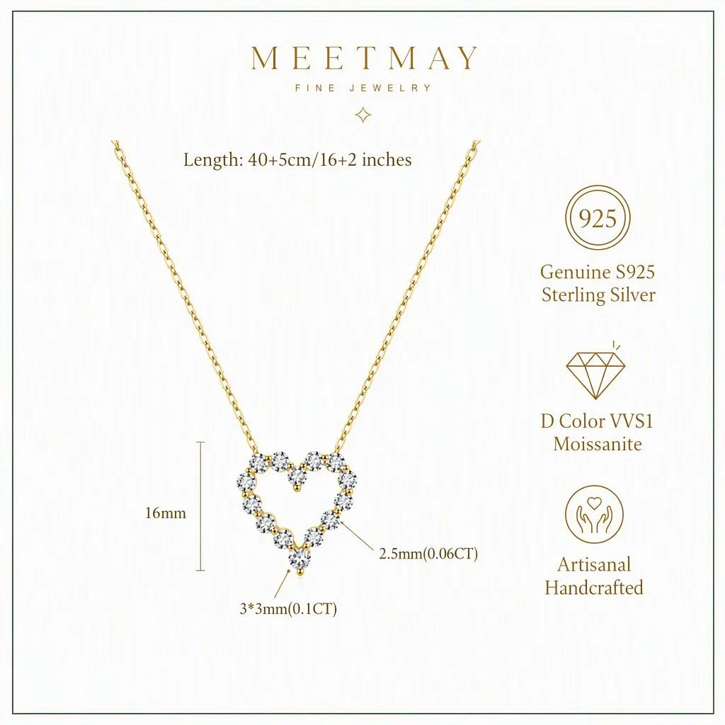 MEETMAY | Heart-Cut Moissanite Pendant Necklace – S925 Sterling Silver 14K Gold Plated, D-Color