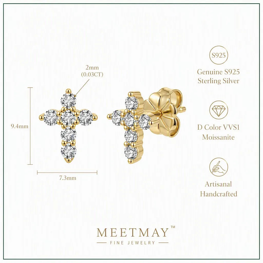 MEETMAY | Cross-Cut Moissanite Stud Earrings – S925 Sterling Silver 14K Gold Plated, D-Color