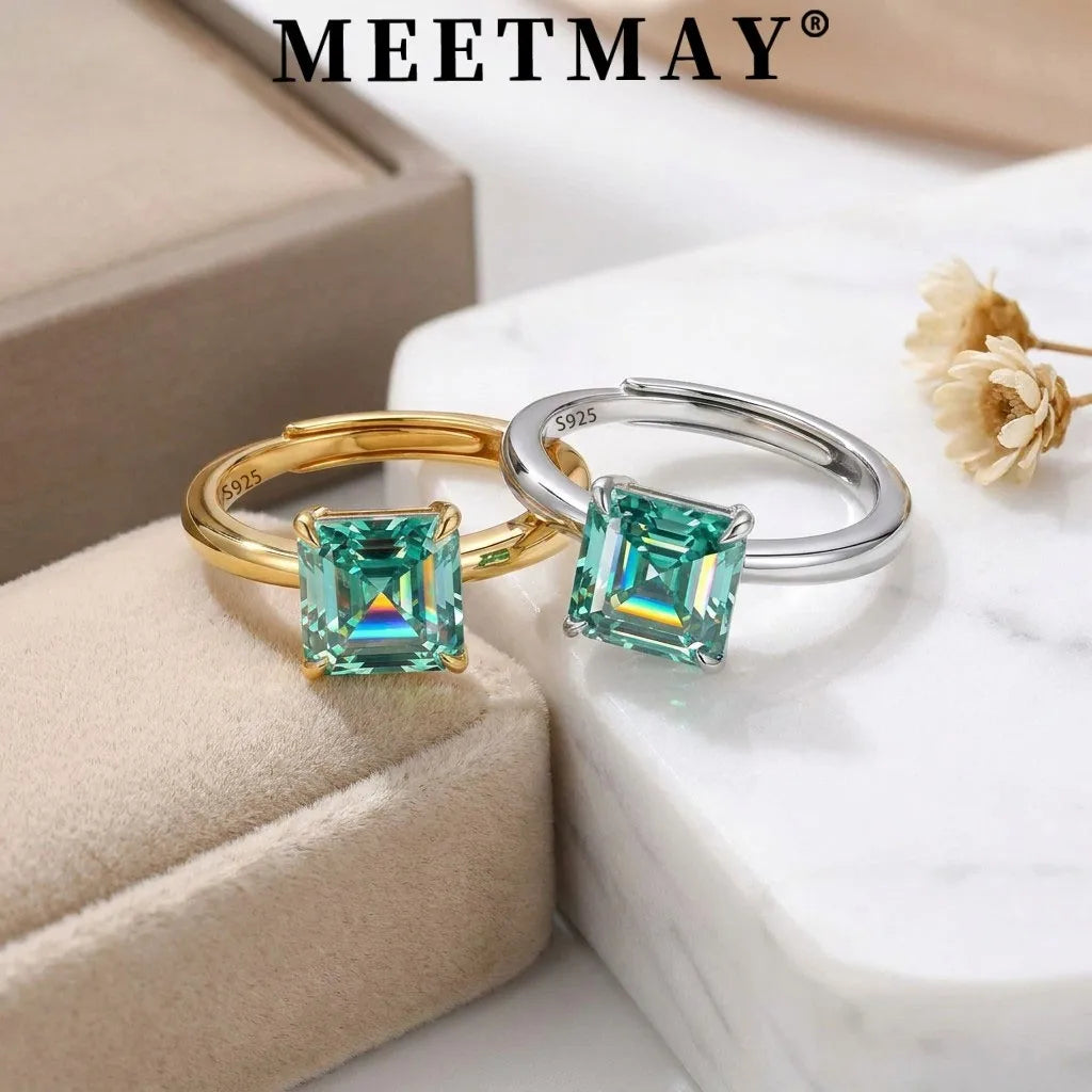 MEETMAY | Colorful Asscher-Cut Moissanite Adjustable Ring – S925 Sterling Silver 18K Gold Plated, GRA Certified