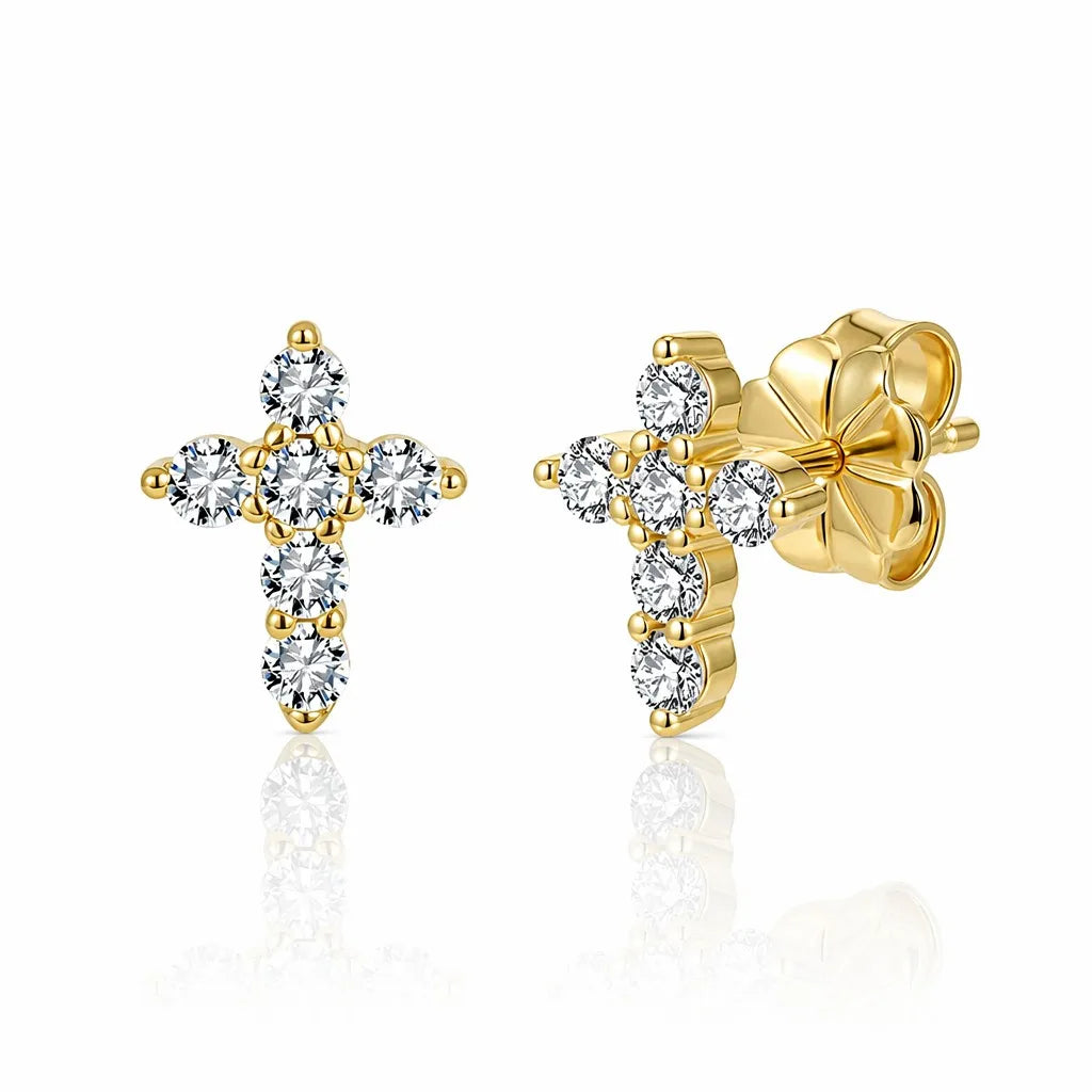 MEETMAY | Cross-Cut Moissanite Stud Earrings – S925 Sterling Silver 14K Gold Plated, D-Color