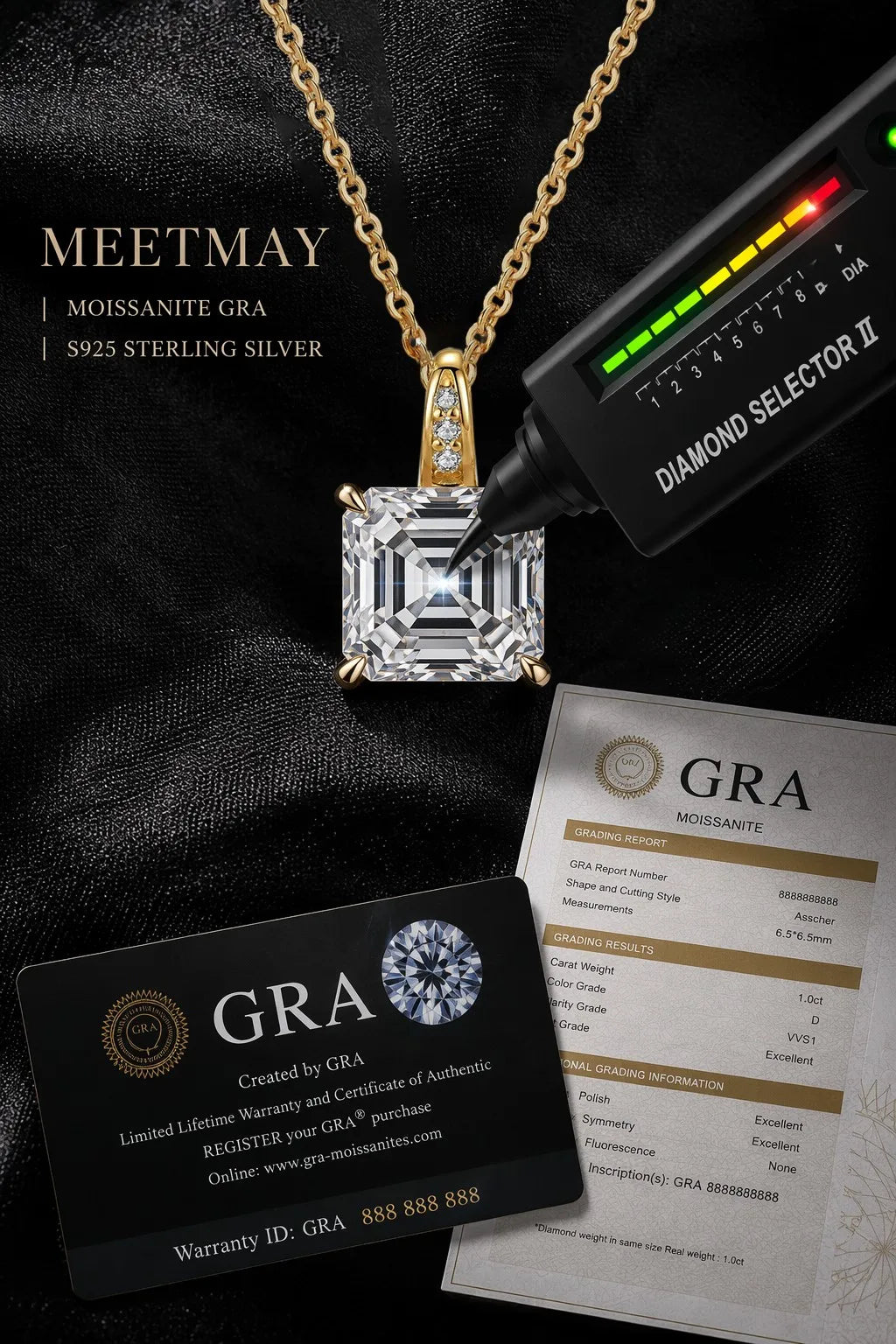MEETMAY | Asscher-Cut Moissanite Pendant Necklace – S925 Sterling Silver 18K Gold Plated, D-Color