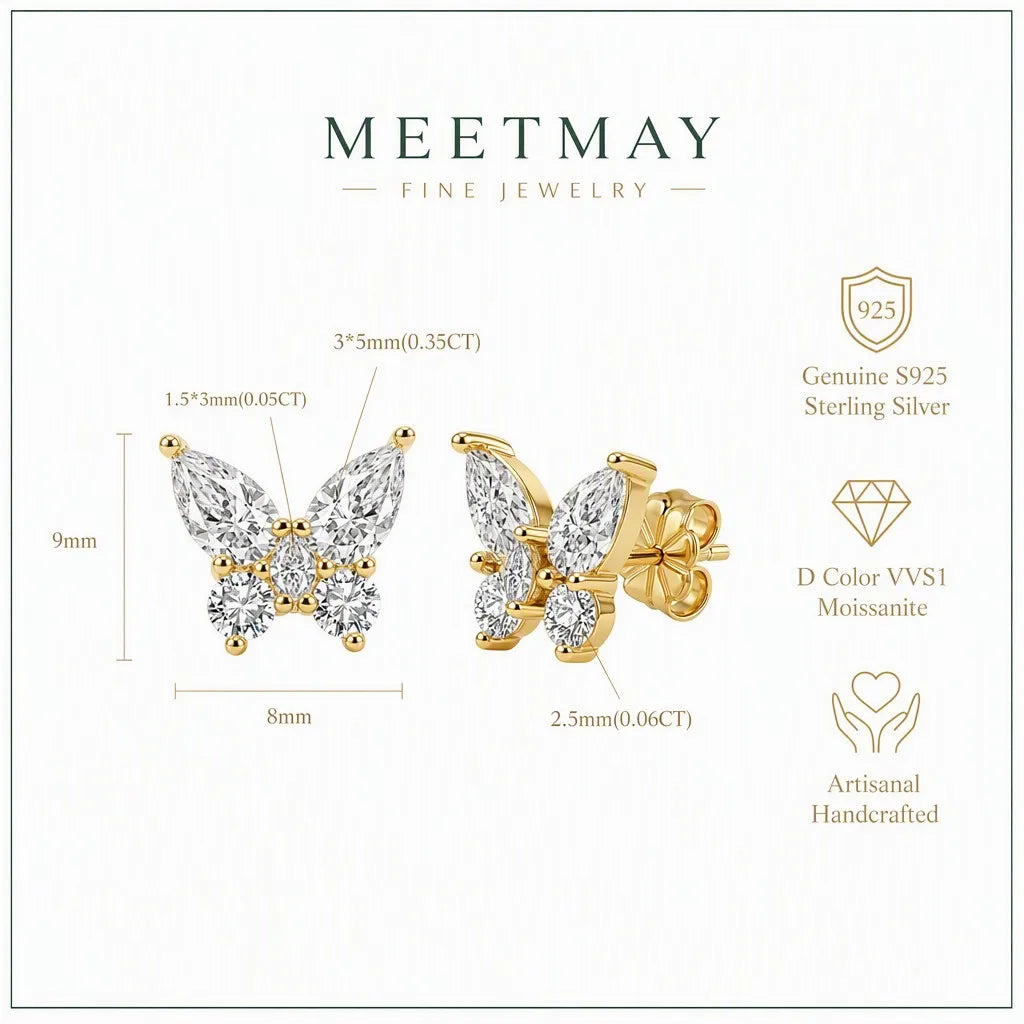 MEETMAY | Butterfly-Cut Moissanite Stud Earrings – S925 Sterling Silver 14K Gold Plated, D-Color