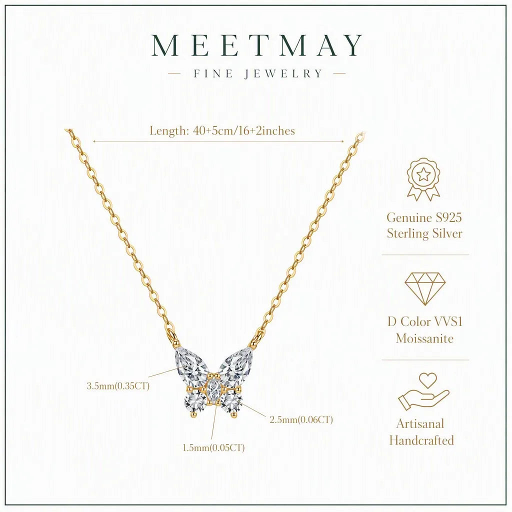 MEETMAY | Butterfly-Cut Moissanite Pendant Necklace – S925 Sterling Silver 14K Gold Plated, D-Color