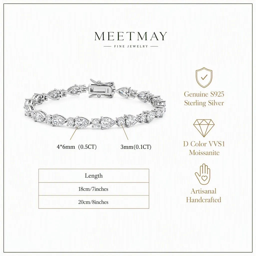 MEETMAY | Pear-Cut Moissanite Bracelet – S925 Sterling Silver 14K Gold Plated, D-Color