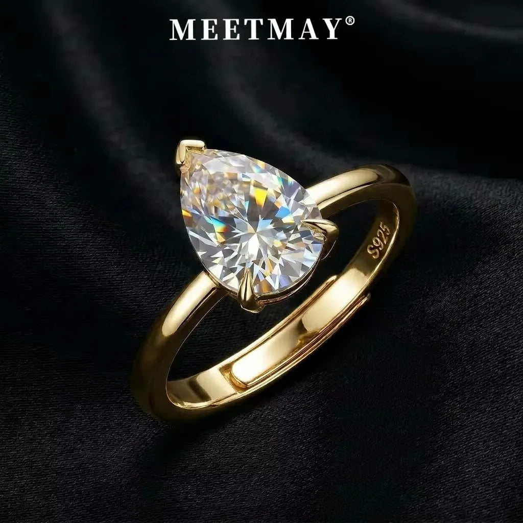 MEETMAY | Pear-Cut Moissanite Adjustable Ring – S925 Sterling Silver 18K Gold Plated, D-Color