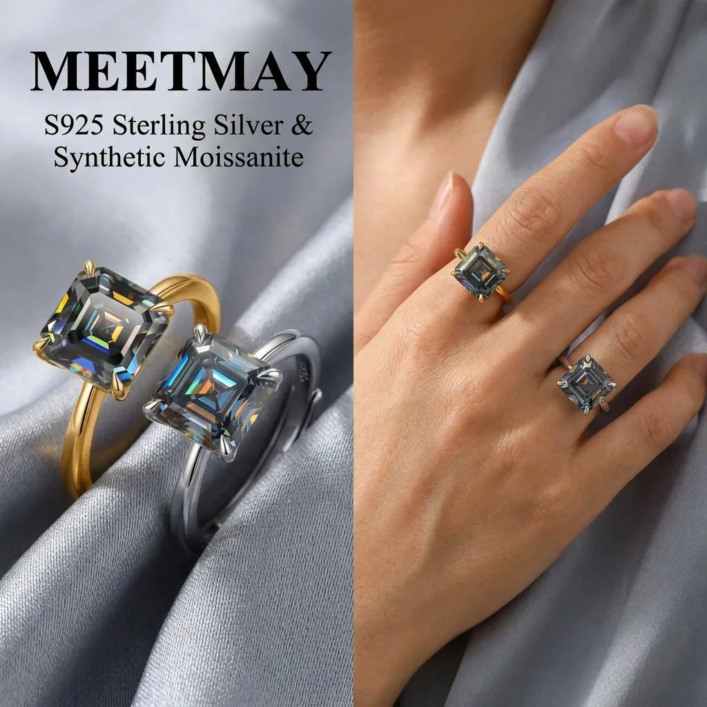 MEETMAY | Colorful Asscher-Cut Moissanite Adjustable Ring – S925 Sterling Silver 18K Gold Plated, GRA Certified