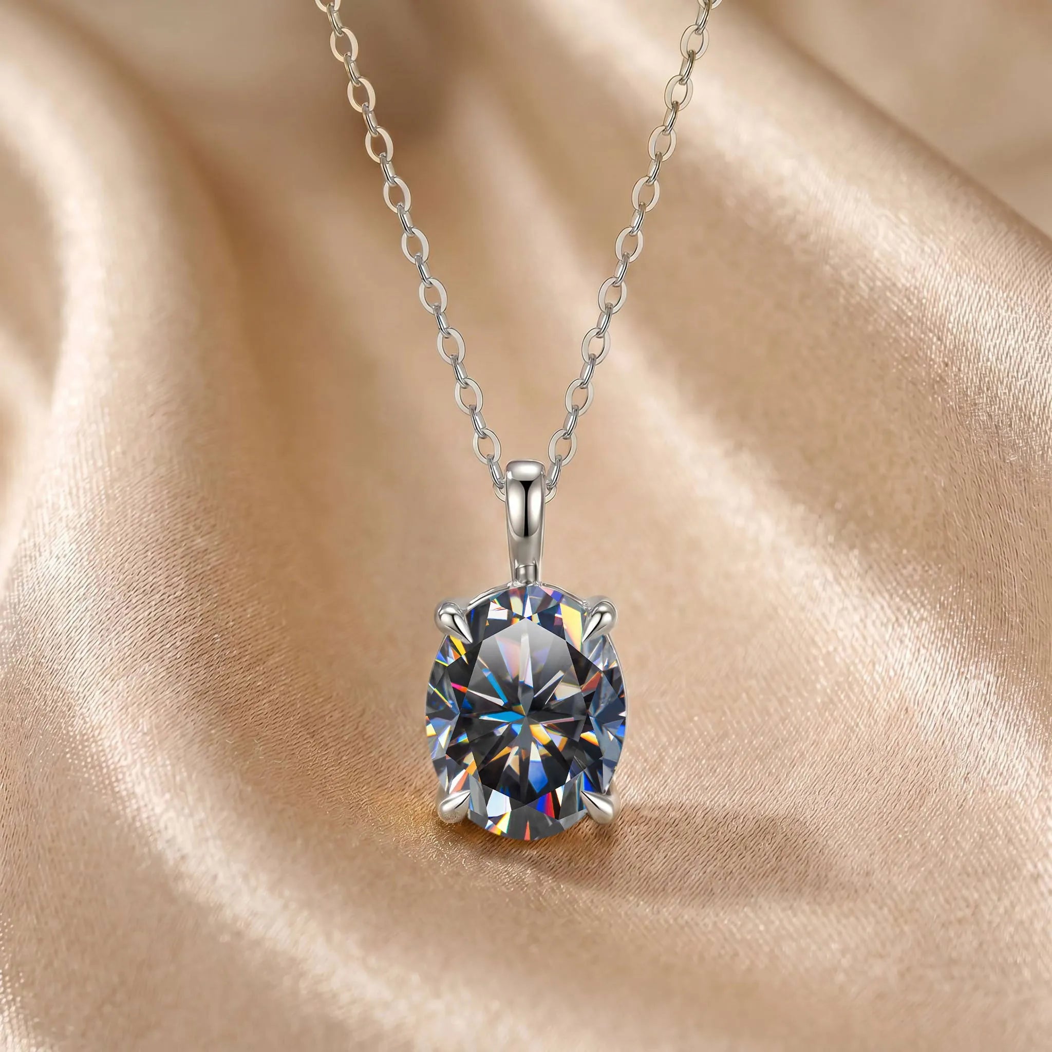MEETMAY | Colorful Oval-Cut Moissanite Pendant Necklace – S925 Sterling Silver 18K Gold Plated, GRA Certified