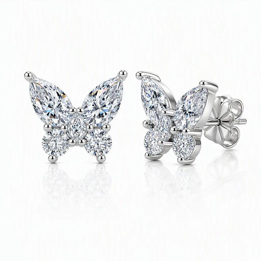 MEETMAY | Butterfly-Cut Moissanite Stud Earrings – S925 Sterling Silver 14K Gold Plated, D-Color
