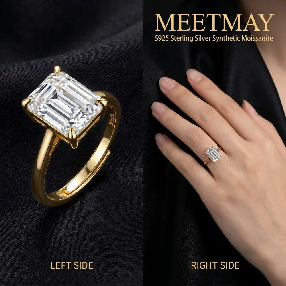 MEETMAY | Emerald-Cut Moissanite Adjustable Ring – S925 Sterling Silver 18K Gold Plated, D-Color