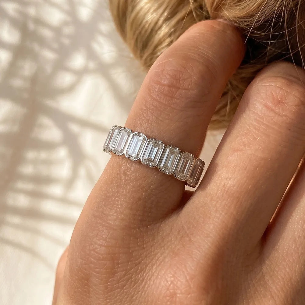 MEETMAY | Emerald-Cut Moissanite Eternity Band Ring – S925 Sterling Silver, D-Color
