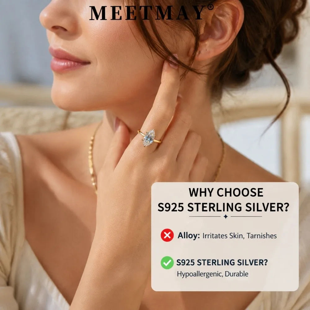MEETMAY | Marquise-Cut Moissanite Adjustable Ring – S925 Sterling Silver 18K Gold Plated, D-Color