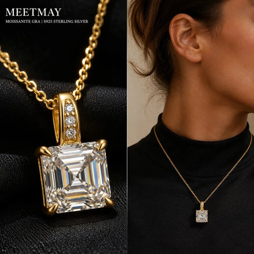 MEETMAY | Asscher-Cut Moissanite Pendant Necklace – S925 Sterling Silver 18K Gold Plated, D-Color