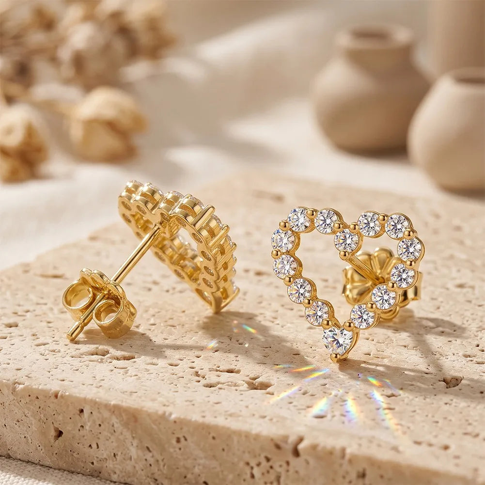 MEETMAY | Heart-Cut Moissanite Stud Earrings – S925 Sterling Silver 14K Gold Plated, D-Color