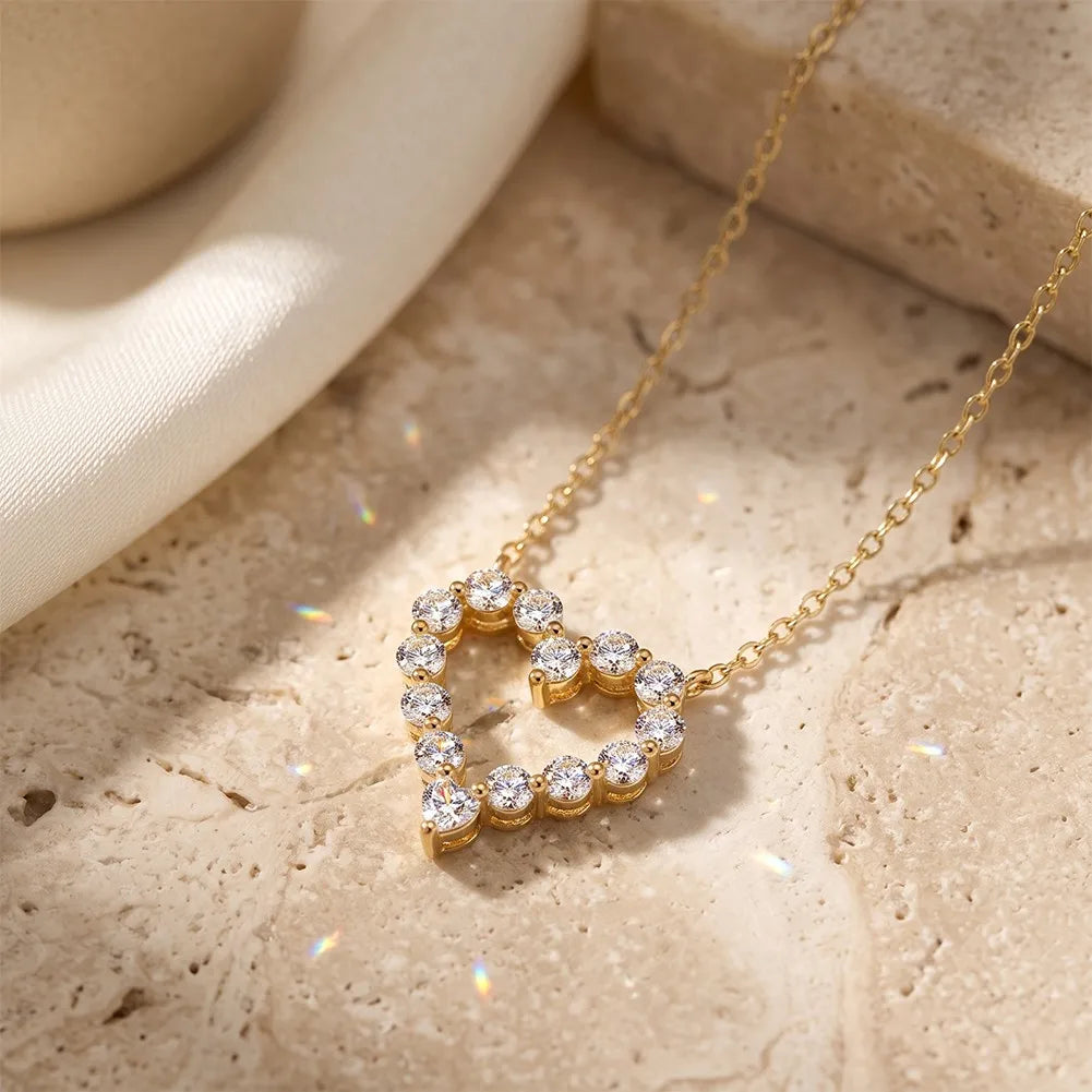 MEETMAY | Heart-Cut Moissanite Pendant Necklace – S925 Sterling Silver 14K Gold Plated, D-Color